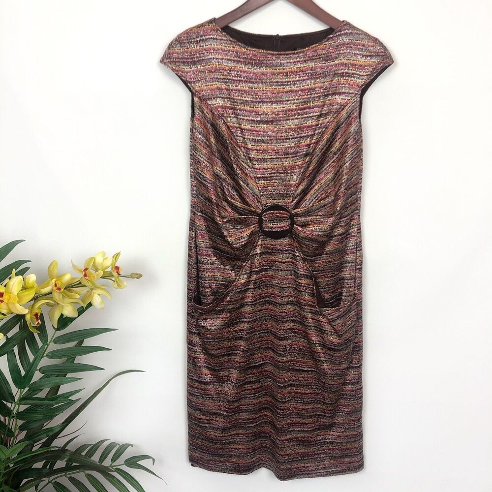 David Meister Multi-Color Knit Cap Sleeve Pocket Gathered Sheath Dress Women 10